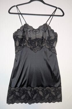 Vintage 80s LUCIE ANN II Black Satin Lace Trim Slip Dress Nightgown Size 36 USA